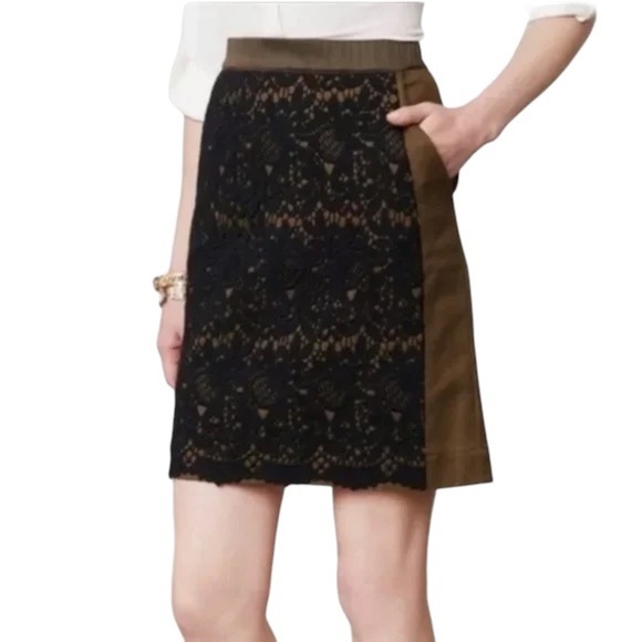 Maeve Dresses & Skirts - ANTHROPOLOGIE Maeve Rione Skirt Olive Green Black Lace Pencil 8‎ Mini Pockets